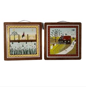 2 Vtg Country Ceramic Tile Trivet Farmhouse Pig Cow Farm Wood Frames Taylor NG
